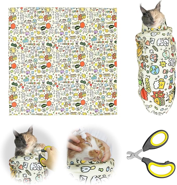 Cat Grooming Wrap with Cat Nail Clipper(27.6"x27.6"), Cat Restraint Wrap for Cutting Nails Anti Scratch/Bite/Escape, Large Cat Swaddle Wrap, Cat Grooming Supplies