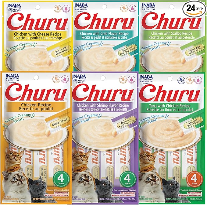 INABA Churu Cat Treats, Grain-Free, Lickable, Squeezable Creamy Purée Cat Treat/Topper with Vitamin E & Taurine, 0.5 Ounces Each Tube, 24 Tubes (4 per Pack), Six Flavor Variety Pack