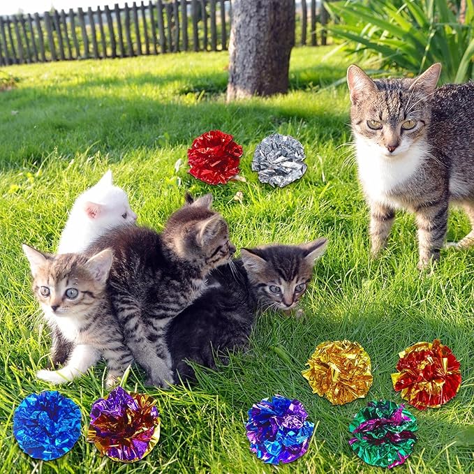 Jexine 104 Pcs Cat Crinkle Ball Bulk Cat Toys 1.69'' Polyester Film Kitten Balls Interactive Lightweight Colorful Kitten Crinkle Balls Soft Crinkle Pet Toys for Keeping Fit and Exercise Indoor