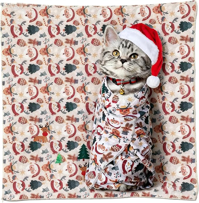 27.5" Large cat Grooming wrap，cat wrap for Grooming，pet Restraint for Nail Clipping，cat Bag for Nail Trimming，cat Burrito wrap (Festival Print 5-11 lbs)
