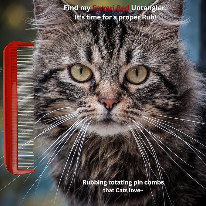 Cat Comb - Ferrari Red, 5" - Silky Smooth Rotating Teeth for Gently Detangling Matted Cat Hair, Stimulates Natural Oil Production, Stainless Steel, Made in USA, Vet Recommended