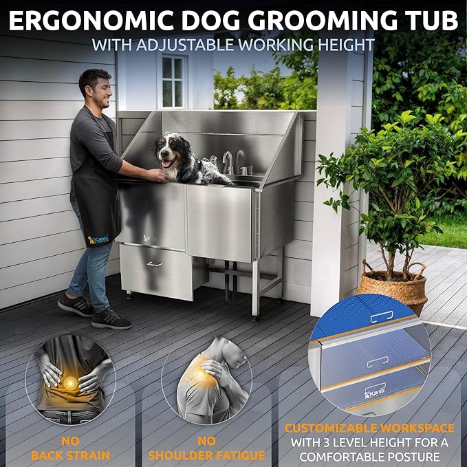 KANIS Professional Dog Washing Station 304 Stainless Steel Pet Wash Sink & Grooming Bathtub w/Shower, Floor Grates and Storage for Large, Medium & Small Pets (Silver, 50 Inches, Right Ramp, 1 Drawer)