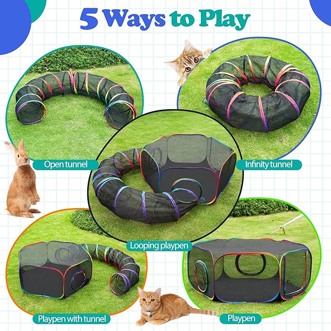 Outdoor Cat Enclosure, Portable Catio Playground with Tent & Tunnel for Cats and Small Animals, Foldable Cat Playpen Includes Storage Bag for Outside and Indoor Play, Rainbow Color