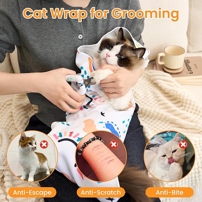 17.7'' Cat Grooming Wrap for Cutting Nails Self-Adhesive Soft Polyester Fabric Swaddle Wrap for Cats Anti-Scratch Anti-Escape Restraint for Nail Clipping Pet Cleaning and Beauty (Rainbow,M)