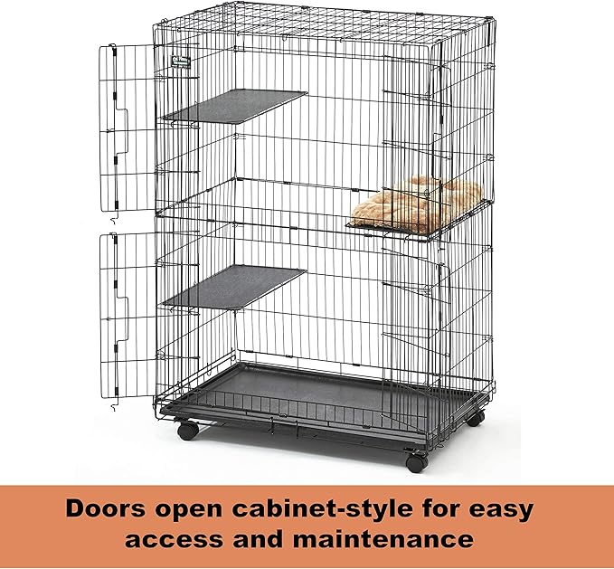MidWest Homes for Pets Folding Metal Indoor Cat Playpen, Cage Includes Locking Wheels, 3 Platforms, Removable Tray, Plush Bed, Suited for 1-3 Cats
