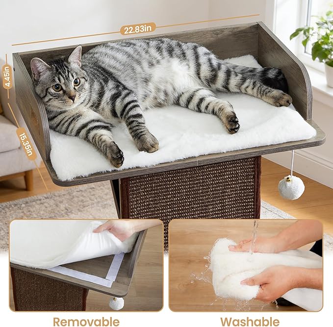 Modern Wood Cat Tree Tower for Indoor Large Cats, 33.8-Inch Tall Wooden Cat Trees with Big Perch Bed, Cat Scratching Pads, Washable Removable Cushions Scratching Mat, Cat Furniture, Greigy
