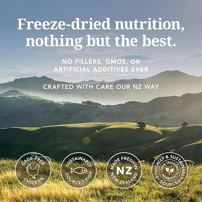 Feline Natural Freeze Dried Cat Food - Grain-Free and High Protein Cat Food from New Zealand, Complete Meal or Topper for Kittens, Adults, and Senior Cats, Chicken and King Salmon, 11oz