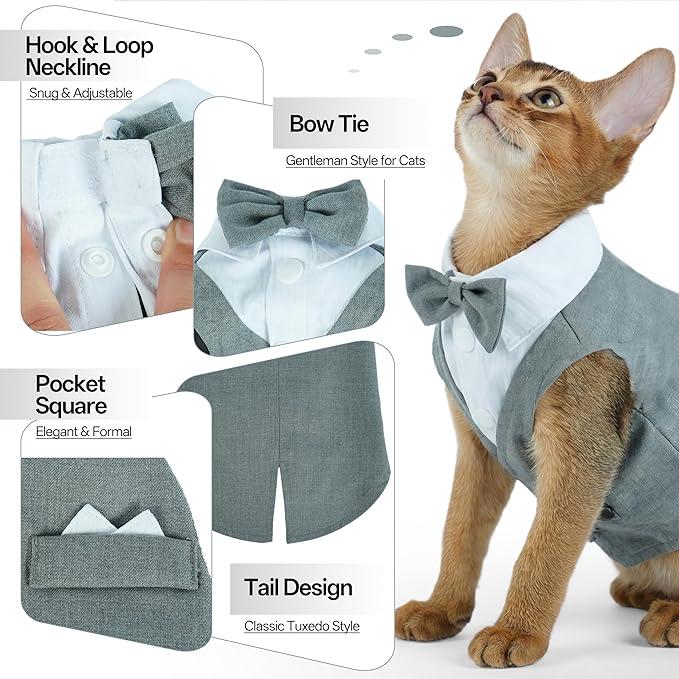 PUMYPOREITY Cat Tuxedo Suit Formal Wear with Bow Tie, Soft Skin-Friendly Cat Costumes for Cats Only, Elegant Outfit for Male Female Cats, Perfect for Wedding Birthday Photo Shoots, 2XL, Grey