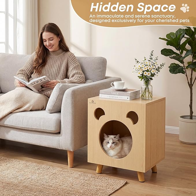 Cat End Table Aluminum Bed Table, Nightstand, Cat Litter Box Enclosure for Indoor and Outdoor with Cabinet Legs and Countertop, Weatherproof, Beige