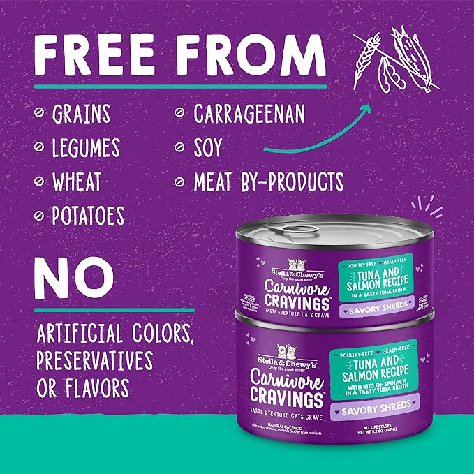 Stella & Chewy's Carnivore Cravings Savory Shreds - Wet Cat Food - High-Moisture Formula with Premium Real Meat - Perfect for Picky Eaters - Tuna & Salmon Recipe, 5.2 oz, 24 Count