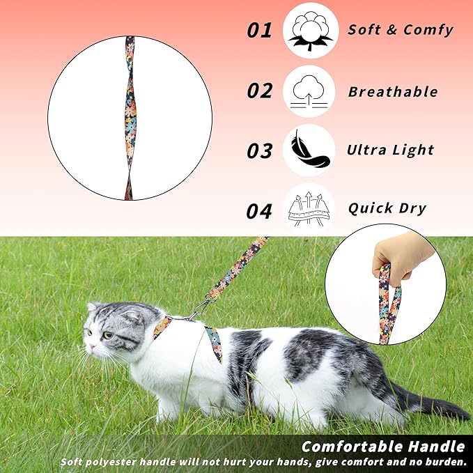 Seyezo Cat Harness and Leash Set, Adjustable Kitten Harness Escape Proof Cats Harness, Soft Lightweight Walking Travel Pet Harness, Cute Kitty Harness Leash Set for Small Medium Cats, Multi-Floral