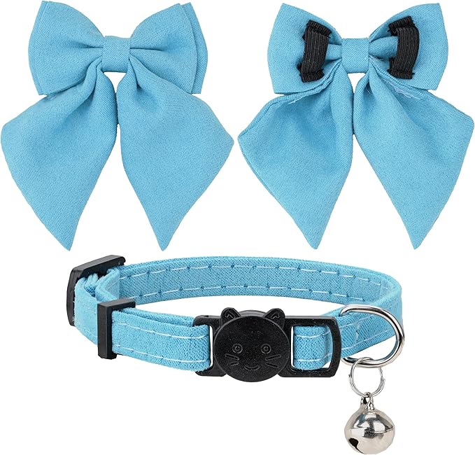 Cat Collar with Bow Tie Bell Breakaway Kitten Small Pet Safety Solid Wedding Basic Pure Color Suede Soft Adjustable Sailor Bow-[1pc] Blue