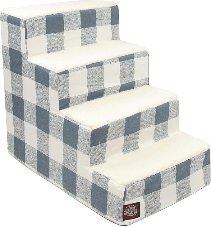 Majestic Pet 4 Step Portable Dog Stairs for Small Dogs to get on Bed Supports 25 lbs or Less – Dog Steps for High Bed with Machine Washable Cover – Pet Stairs for Cats Anderson Check Gunmetal Blue