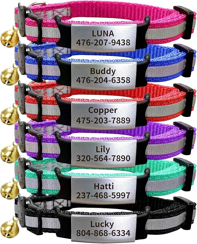 Personalized Reflective Cat Collars with Name Tag, Engraved Custom with Name and Phone, Nylon Breakaway Adjustable Identification Collar for Small, Medium, Kitty Cats