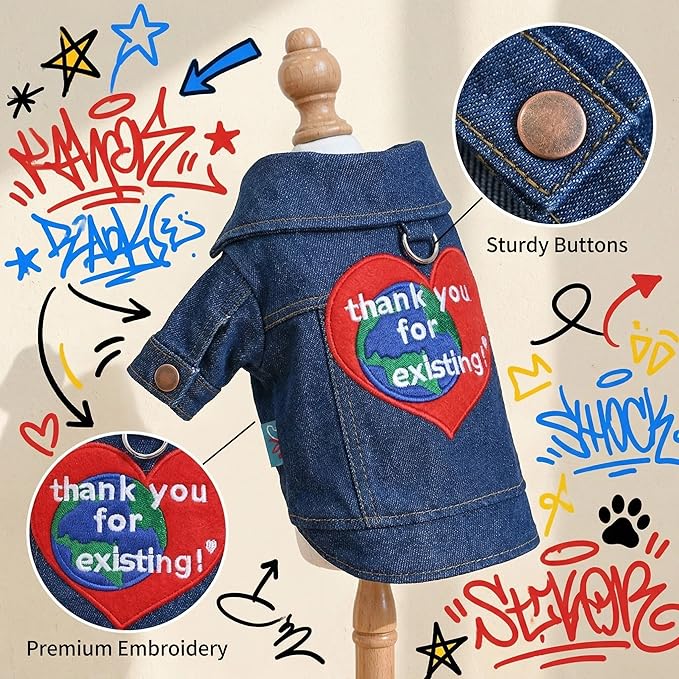 Premium Denim Jacket for Dogs & Cats – Reinforced D-Ring, Embroidered Heart “Thank You for Existing” Patch, Soft Jean Outfit for Small Pets(XL)