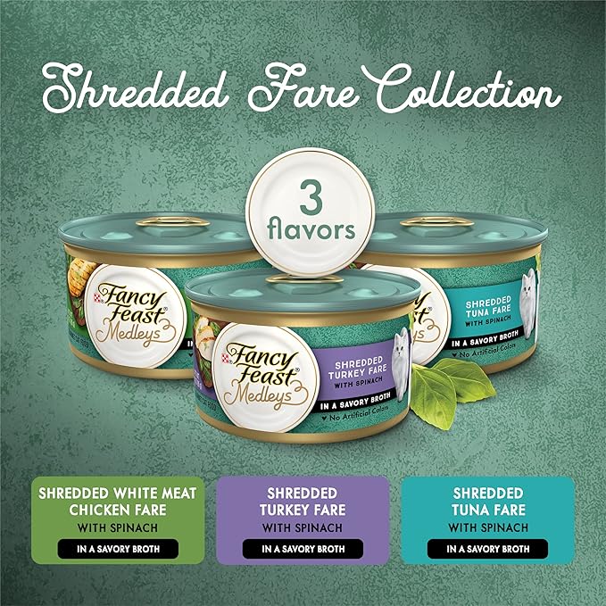 Fancy Feast Purina Wet Cat Food Variety Pack, Medleys Shredded Fare Collection - (4 Packs of 12) 3 oz. Cans