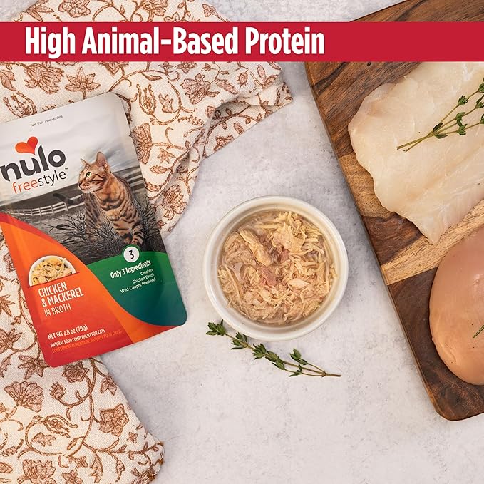 Nulo Freestyle Cat & Kitten Wet Cat Food - Chicken & Mackerel in Broth, Grain-Free, High Protein Soft Food Topper Treat, 2.8oz Pouches (Pack of 24)