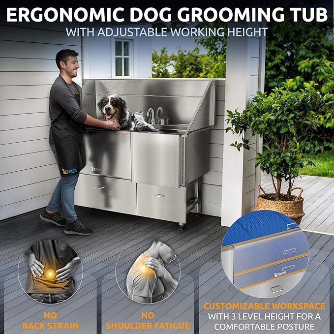 KANIS Professional Dog Washing Station 304 Stainless Steel Pet Wash Sink & Grooming Bathtub w/Shower, Floor Grates and Storage for Large, Medium & Small Pets (Silver, 61 Inches, Right Ramp, 2 Drawers)