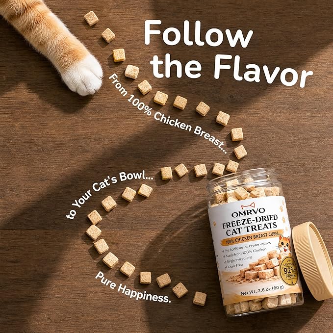Freeze-Dried Cat Treats, 92%+ High Protein Chicken Breast Cubes, Single Ingredient Grain-Free Cat Snacks & Food Topper for Kittens & Adult Cats, 2.8 oz