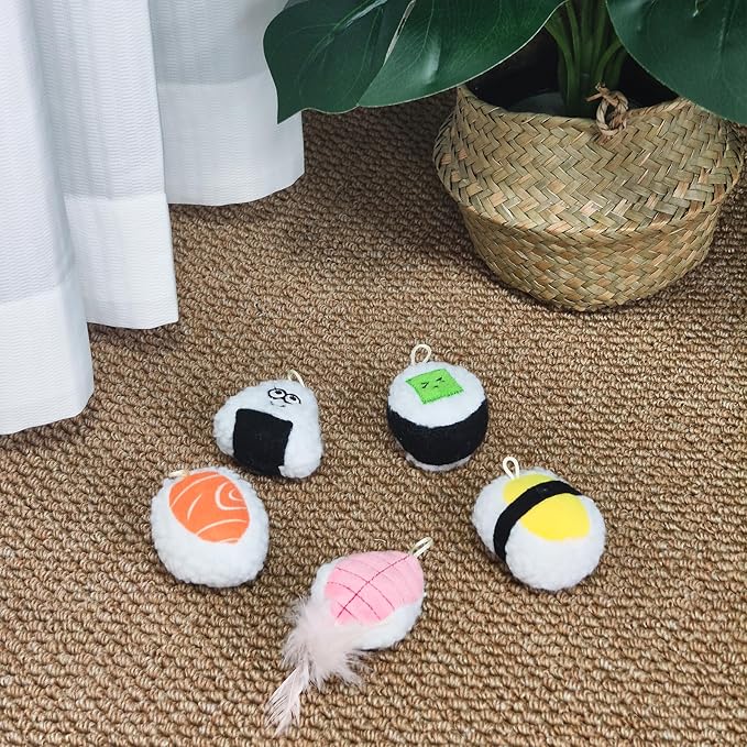 Sushi Cat Toy Set 5pcs Cute Soft Funny Sushi Plush Catnip Toys with Bell and Feathers Kitten Teething Chew Toys for Indoor Boredom Relief Interactive Cat Toys Teaser Wand Replacement Accessories