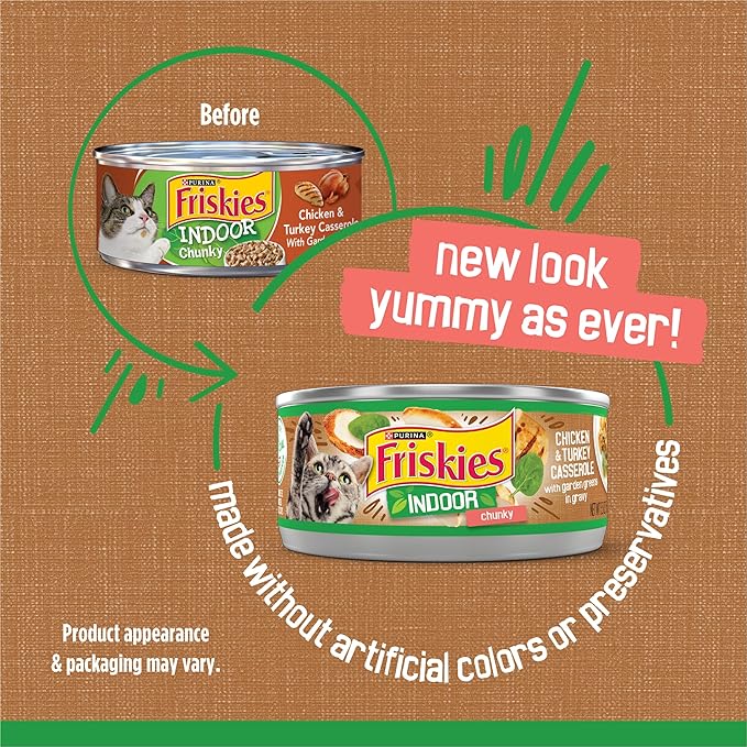Friskies Purina Indoor Cat Food Chunky Chicken and Turkey Casserole with Garden Greens in Gravy 24/5.5 Oz - 5.5 Oz. Cans (Pack of 48)
