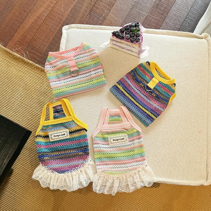 Colorful Openwork Knitted Dog & Cat Clothes - Stylish Pet Tank Top & Skirt for Small Dogs, Cats, Puppies & Kittens, Breathable Comfortable Cozy Pet Clothing