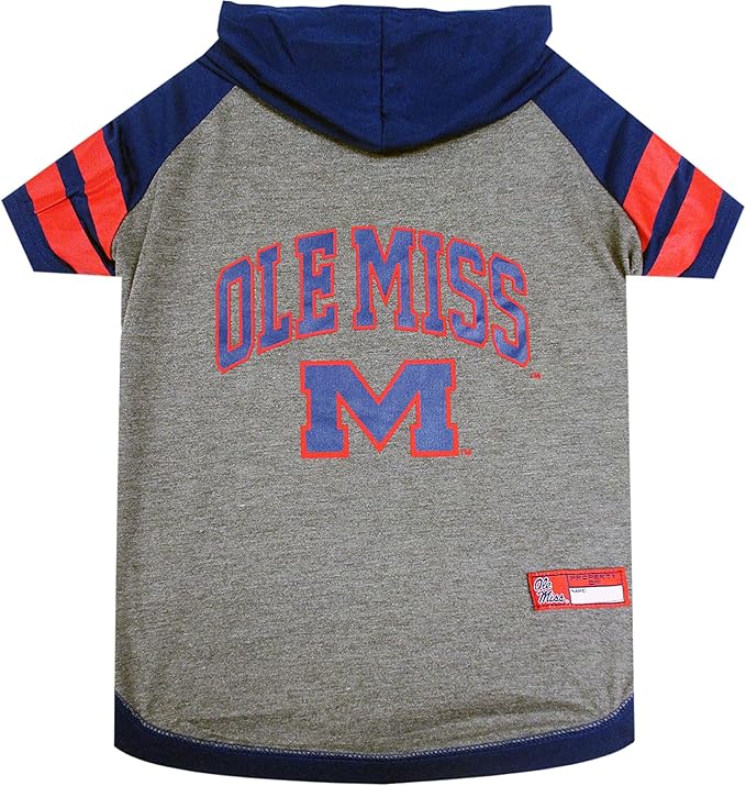 NCAA Mississippi OLE Miss Rebels Hoodie for Dogs & Cats, X-Small Collegiate Licensed Dog Hoody Tee Shirt. Sports Hoody T-Shirt for Pets. College Sporty Dog Hoodie Shirt.