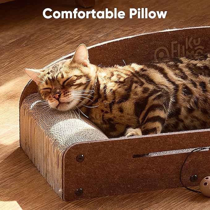 FUKUMARU 26 Inch Cat Scratcher Bed, 2 Reversible Cardboard Cat Scratch Pads Refill for Indoor Cats, Durable Large Cats Scratching Bed Sofa Couch Lounger with Fun Toys, Furniture Protector, Caramel