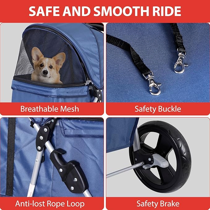 4 Wheels Foldable Pet Dog Cat Jogger Stroller Travel Carrier Strolling Cart w/Waterproof Cover Storage Basket Cup Holder & Removable Liner for Medium Small Cat Dog, Navy Blue