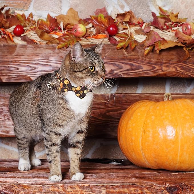 ADOGGYGO Thanksgiving Cat Collar Breakaway with Removable Bowtie Bell - 2 Pack Fall Pumpkin Kitten Bow Collar Thanksgiving Bowtie Collars for Cats Kittens