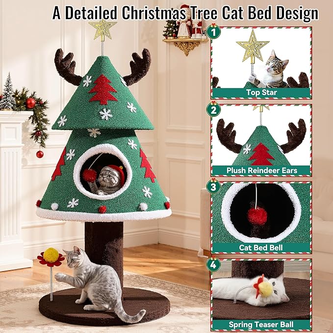 DWVO Christmas Cat Houses for Indoor Cats, Christmas Cat Tree Tower with 2 Cozy Houses, Kitty Furniture with Teaser Plaything for Christmas Decoration