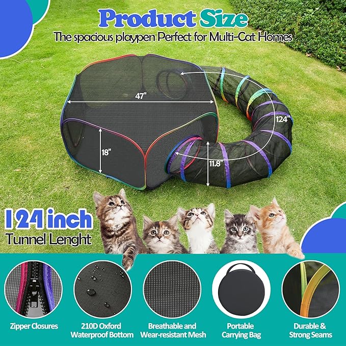 Outdoor Cat Enclosure, Portable Catio Playground with Tent & Tunnel for Cats and Small Animals, Foldable Cat Playpen Includes Storage Bag for Outside and Indoor Play, Rainbow Color