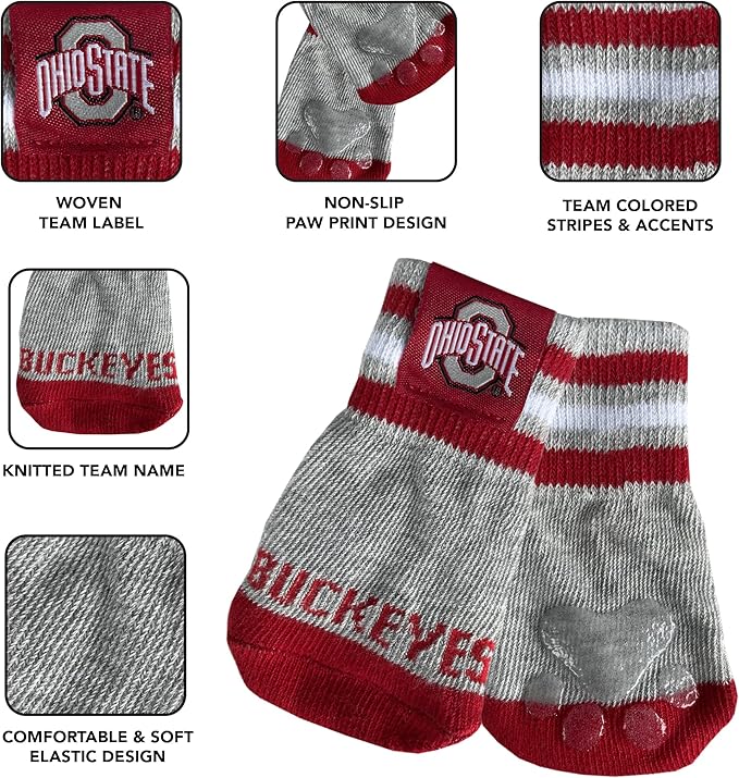 NCAA Ohio State Buckeyes Anti Slip Dog Socks with Elastic Ribbed Top, Size X-Small/Small. Indoor/Outdoor Socks, Best Dog Paw Protector, 2 Pairs of Pet Socks with Your Favorite Collegiate Sports Team