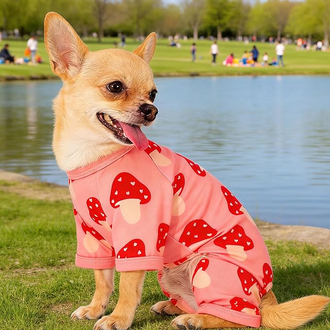 Dog Pajamas Summer Cute Print Puppy Jumpsuit Thin Dog Onesie Small Dog Clothes with Comfy & Elastic Frbic Puppy Pjs(Peach Mushroom,XX-Large)