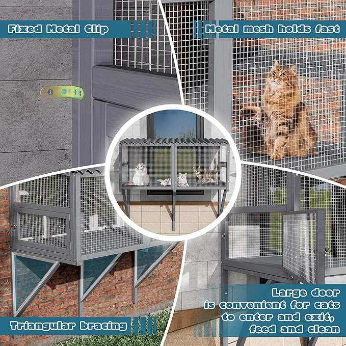 Cat Catio, Cat Window Box for Multiple Indoor Cats, Catio Pet Perch with Metal Mesh Locking Side Door, Wooden Enclosure Window All Weather Use 360° Enjoying Outdoors (Gray, Large)
