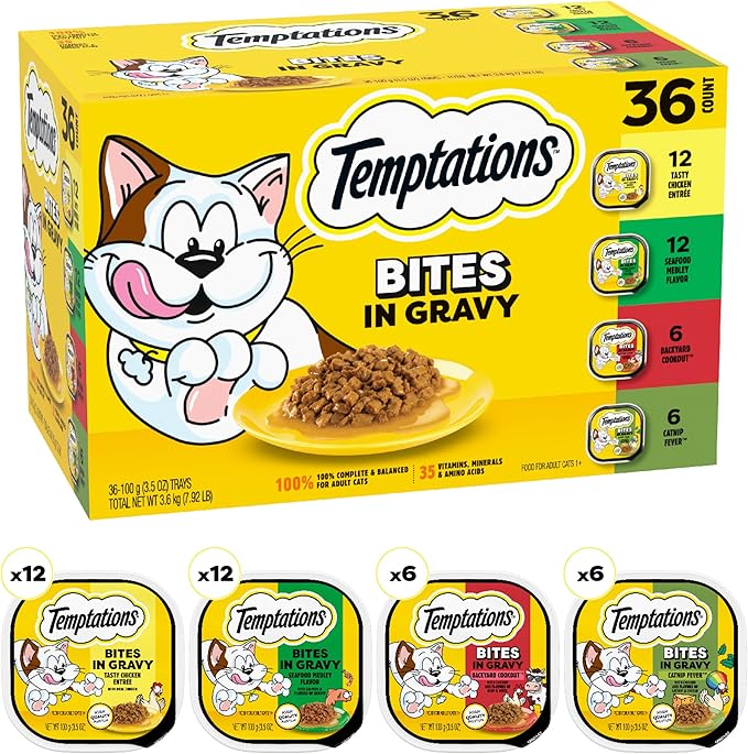 Temptations Bites in Gravy Adult Wet Cat Food Tasty Chicken Entree, Seafood Medley, Backyard Cookout, and Catnip Fever, 3.5 oz. Trays (36 Count, Pack of 1)