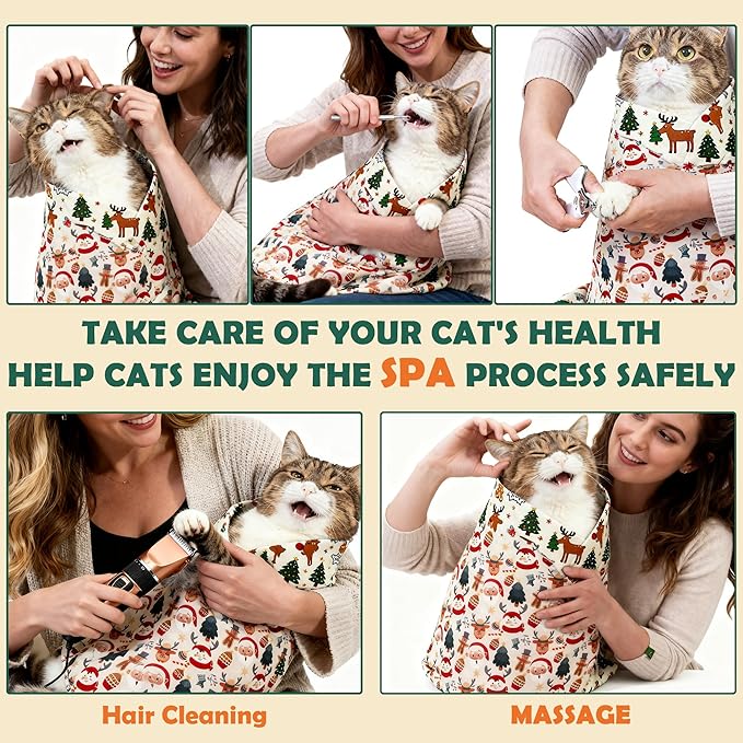 27.5" Large cat Grooming wrap，cat wrap for Grooming，pet Restraint for Nail Clipping，cat Bag for Nail Trimming，cat Burrito wrap (Festival Print 5-11 lbs)