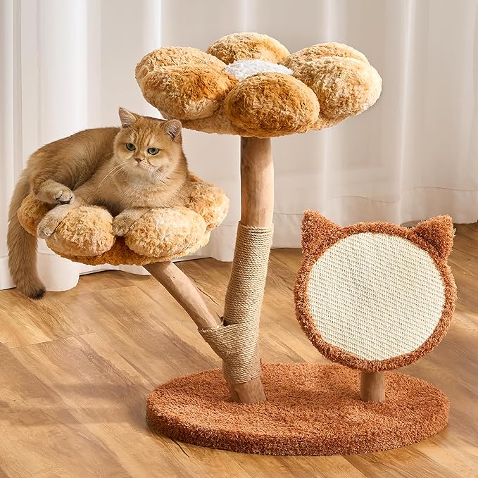 Aesthetic Flower Cat Tree Tower with Scratching Post for Indoor Cats, 30" H Modern Cat Tree with Natural Solid Wood Branch, Fluffy Cat Beds Removable & Large Scratching Board, Sunset Brown
