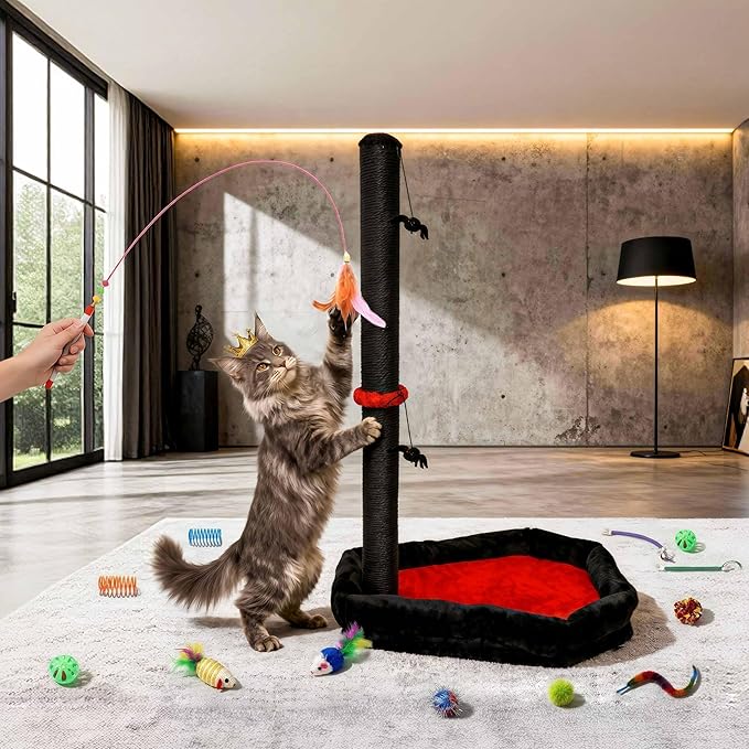 Gothic Cat Scratching Post with 40 Pcs Interactive Cat Toys, 34" Tall Cat Scratching Posts for Indoor Cats Adults, Cute Cat Scratch Post with Spider Toys