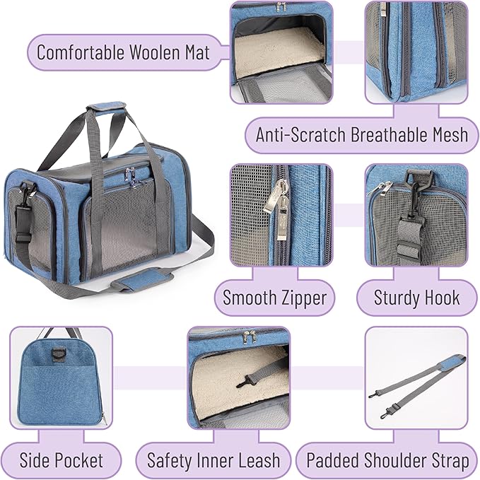 Mr. Pen- Pet Carrier, 17.5" x 11.2" x 11.5", Medium Size, Blue, Portable Travel Carrier for Small Pets, Cats & Small Dogs, Breathable Mesh, Safety Inner Leash, Side Pocket & Padded Shoulder Strap