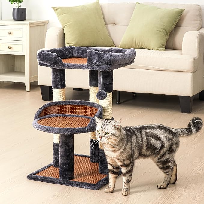 Multi-Level Cat Tower with Scratching Posts, Cat Tree with Double Cat Bed & Hanging Toys, Cute Climbing Tower with Sisal Scratcher for Kittens & Adult Cats, Grey