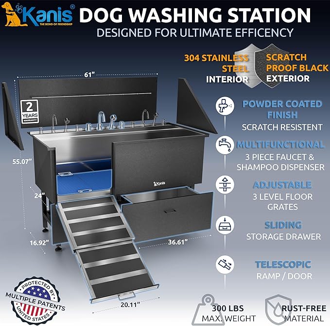 KANIS Professional Dog Washing Station 304 Stainless Steel Pet Wash Sink & Grooming Bathtub w/Shower, Floor Grates and Storage for Large, Medium & Small Pets (Black, 61 Inches, Left Ramp, 2 Drawers)