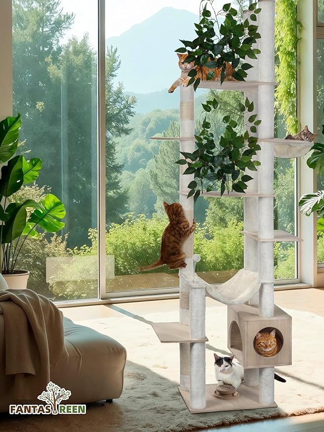 Fantasreen Large Cat Tree Floor to Ceiling Tower, Adjustable Height 77-101 Inches Tall, Climbing Cat Activity Furniture with Thickened Posts, Hammock Bed and Condo for Indoor Cats, White