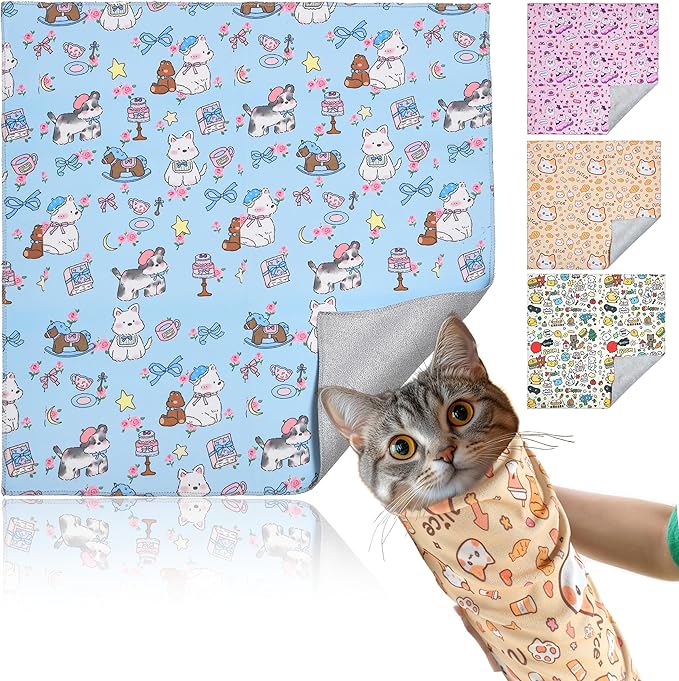 Cat Grooming Wrap, Cat Restraint for Nail Clipping, Velcro Fabric for Cats, Cat Swaddle Wrap Preventing Scratching, Anti-Escape Grooming Bag for Calming Care and Multi-Use（Blue dog:21.6*21.6in）