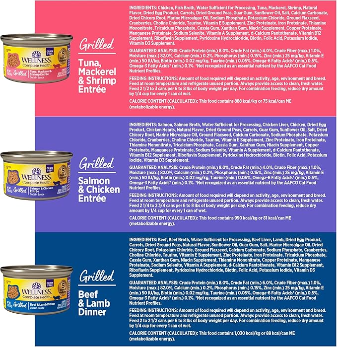 Wellness Complete Health Grilled Favorites Variety Pack Adult Canned Wet Cat Food, Natural, Protein Rich, Grain Free, 3 oz, Pack of 24 Cans