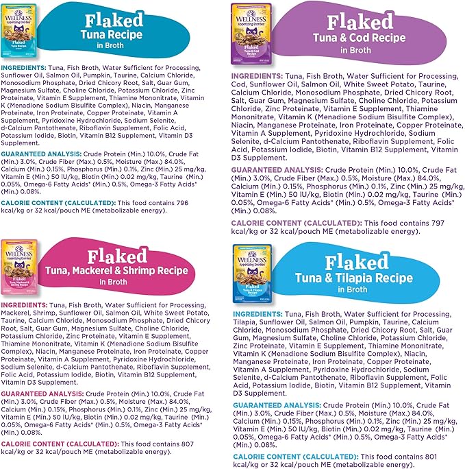 Wellness Appetizing Entrées Flaked, Shredded and Mousse Variety Pack Adult Wet Cat Food, Natural, Protein-Rich, Grain Free, Seafood & Poultry Recipes, 2.8 oz, Pack of 8 Pouches