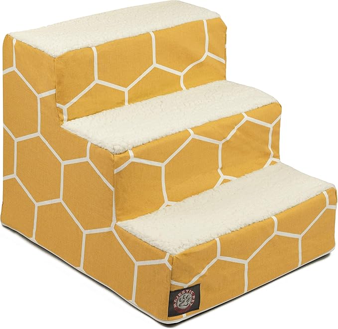 Majestic Pet 3 Step Portable Dog Stairs for Small Dogs to get on Bed Supports 25 lbs or Less – Dog Steps for High Bed with Machine Washable Cover – Pet Stairs for Cats Hexo Shapes Yellow
