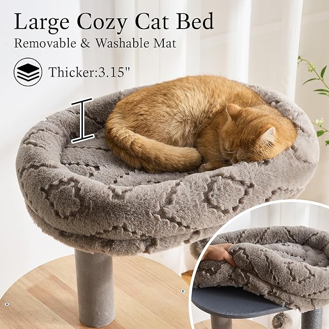 797Audio Wood Modern Cat Tree, 48" Cat Tower with Sisal Scratching Posts, Cat Condo, Capsule and Bed, Solid Wooden Aesthetic Multi-Level Cat Climbing Tree for Large Adult Indoor Maine Coon Cats-Gray
