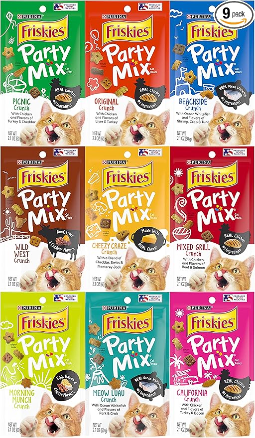 Friskies Party Mix Crunch Variety Pack (9 Flavors) - Wild West, Morning Munch, Mixed Grill, Picnic, Beachside, Cheezy Craze, Original, California Dreamin', and Meow Luau