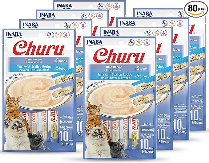 INABA Churu Cat Treats, Grain-Free, Lickable, Squeezable Creamy Purée Cat Treat/Topper with Vitamin E, Taurine, & Green Tea, 80 Tubes, Tuna and Scallop Variety Box